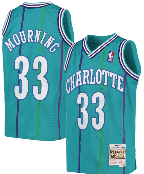 Charlotte Hornets Alonzo Mourning 1992-93 Mitchell & Ness Teal Basketball Jersey product image 1, provided for visual