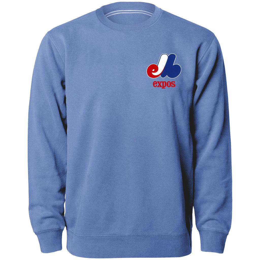 Montreal Expos MLB Bulletin Men Light Blue Twill Applique Home Field Crew Sweater product image 1, provided for visual