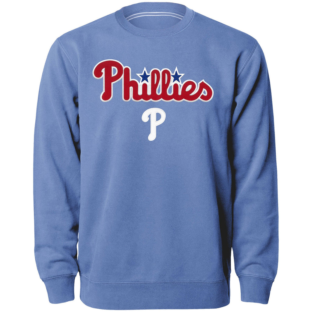 Philadelphia Phillies MLB Bulletin Men Light Blue Twill Applique Home Field Crew Sweater product image 1, provided for
