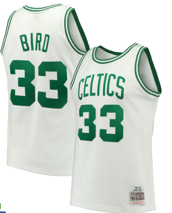Boston Celtics Larry Bird White 1985-86 Hardwood Classics Swingman Jersey product image 1, provided for visual reference and