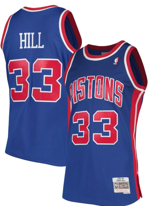 Detroit Pistons Grant Hill 1995-96 Mitchell & Ness Blue Basketball Jersey product image 1, provided for visual reference and