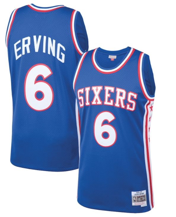 Philadelphia 76ers Julius Erving 1976-77 Mitchell & Ness Blue Basketball Jersey product image 1, provided for visual