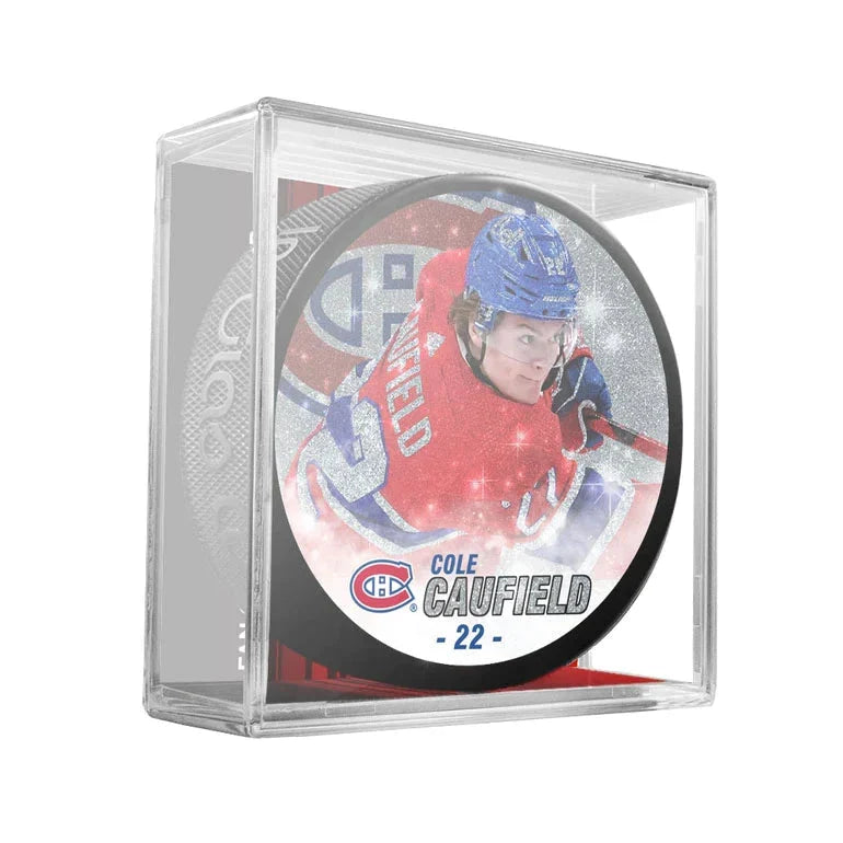 Cole Caufield Montreal Canadiens NHL Inglasco Souvenir Glitter Hockey Puck product image 1, provided for visual reference