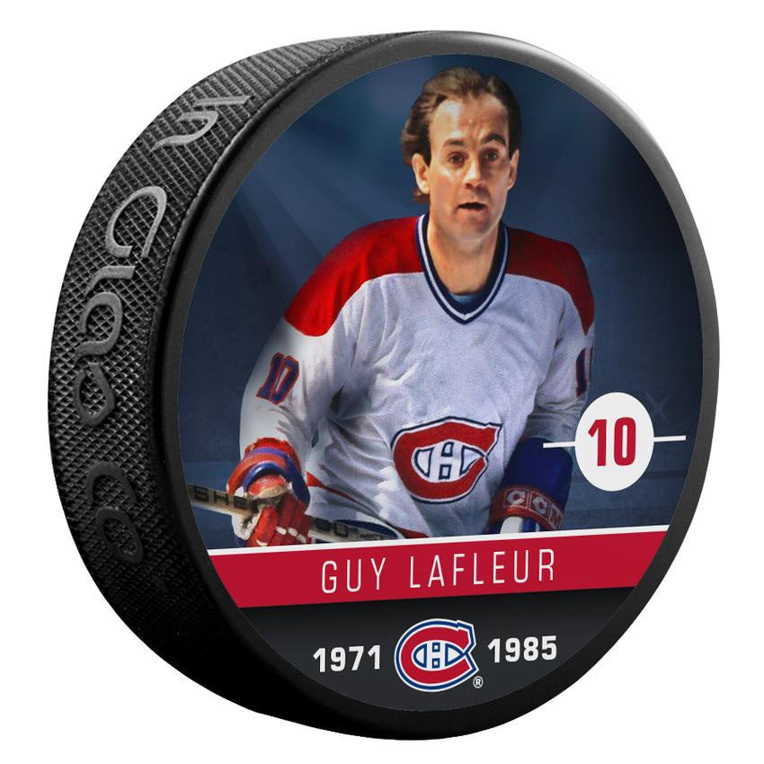 Guy Lafleur Montreal Canadiens NHL Inglasco Alumni Souvenir Hockey Puck product image 1, provided for visual reference and