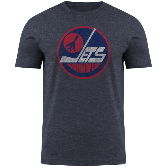 Winnipeg Jets NHL Bulletin Men Navy Distressed Vintage Logo Heathered T-Shirt product image 1, provided for visual reference