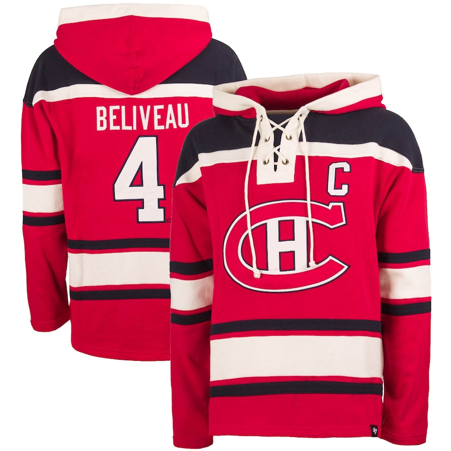 Jean Beliveau Montreal Canadiens NHL 47 Brand Men Red Alumni Heavyweight Lacer Hoodie product image 1, provided for visual