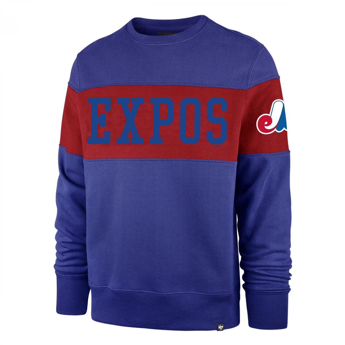 Montreal Expos MLB 47 Brand Men Royal Blue Interstate Crew Sweatshirt product image 1, provided for visual reference and