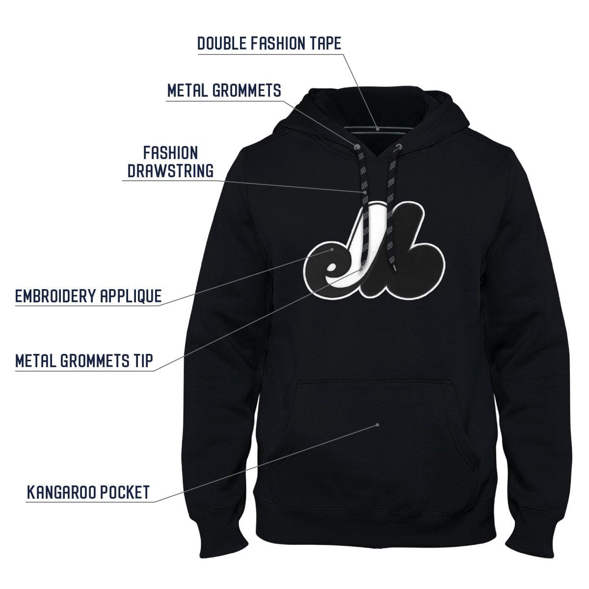 Montreal Expos MLB Bulletin Men Shadow Black Cooperstown Express Twill Logo Hoodie product image 3, provided for visual