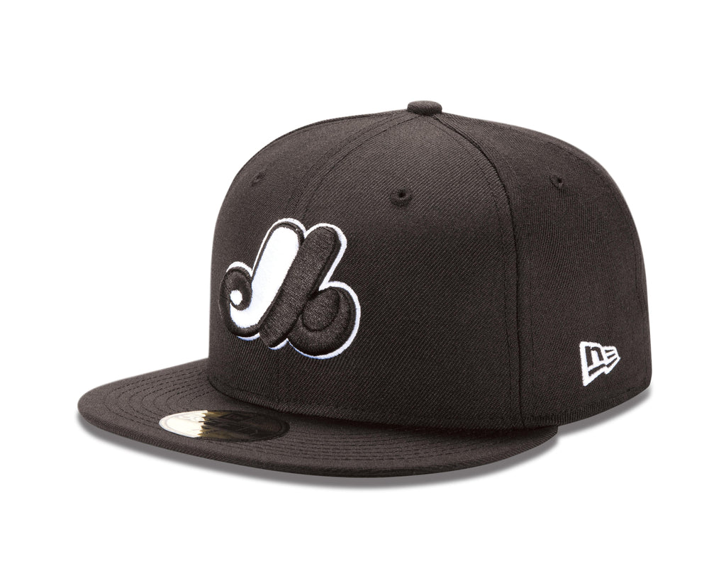 Montreal Expos MLB New Era Men Black White 59Fifty Fitted Hat product image 1, provided for visual reference and product