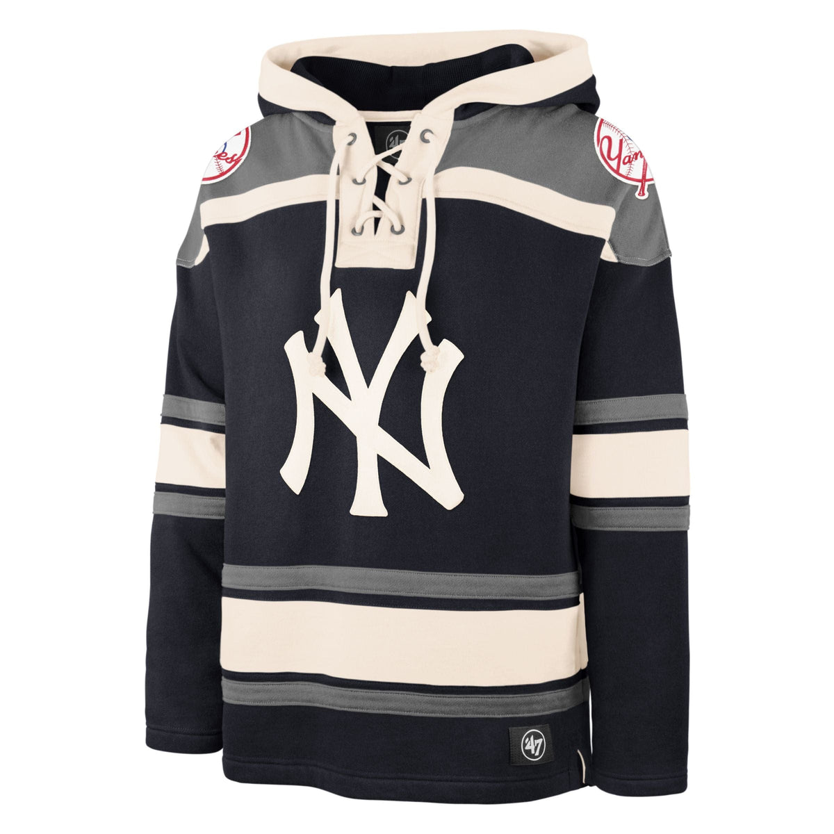New York Yankees MLB 47 Brand Men Navy Heavyweight Lacer Hoodie product image 1, provided for visual reference and product