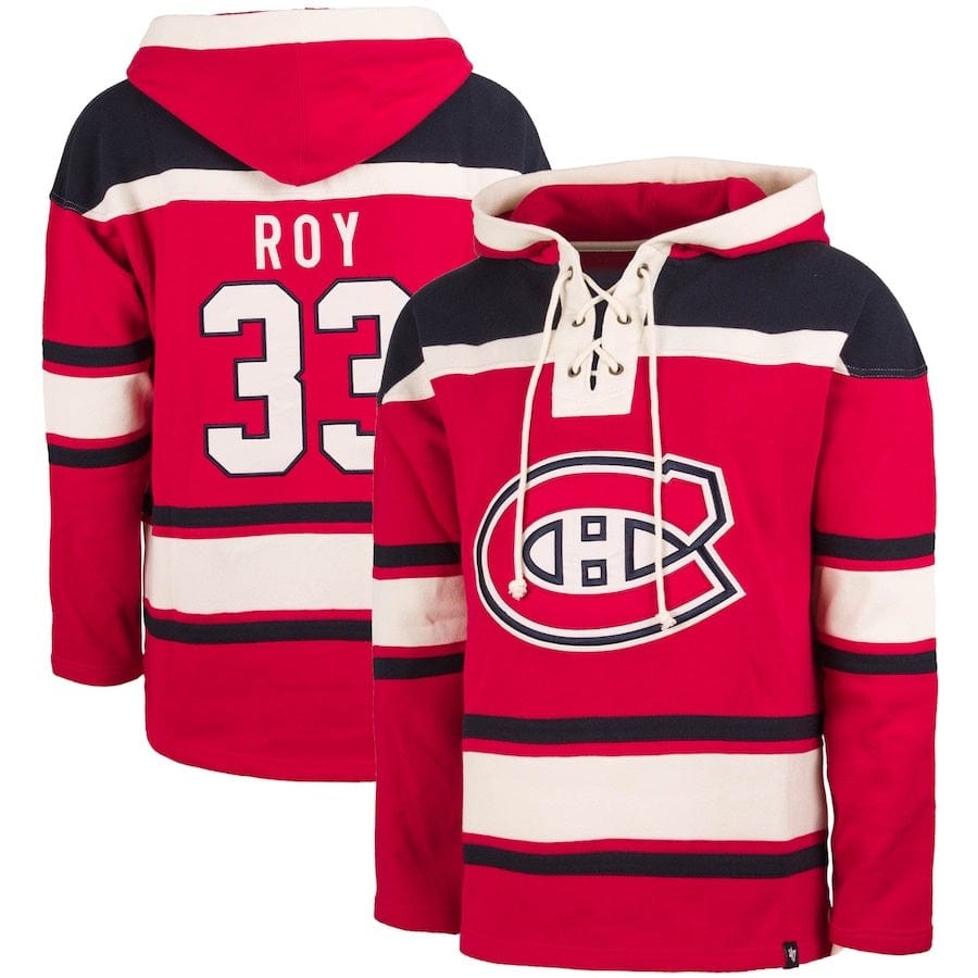 Patrick Roy Montreal Canadiens NHL 47 Brand Men Red Alumni Heavyweight Lacer Hoodie product image 1, provided for visual