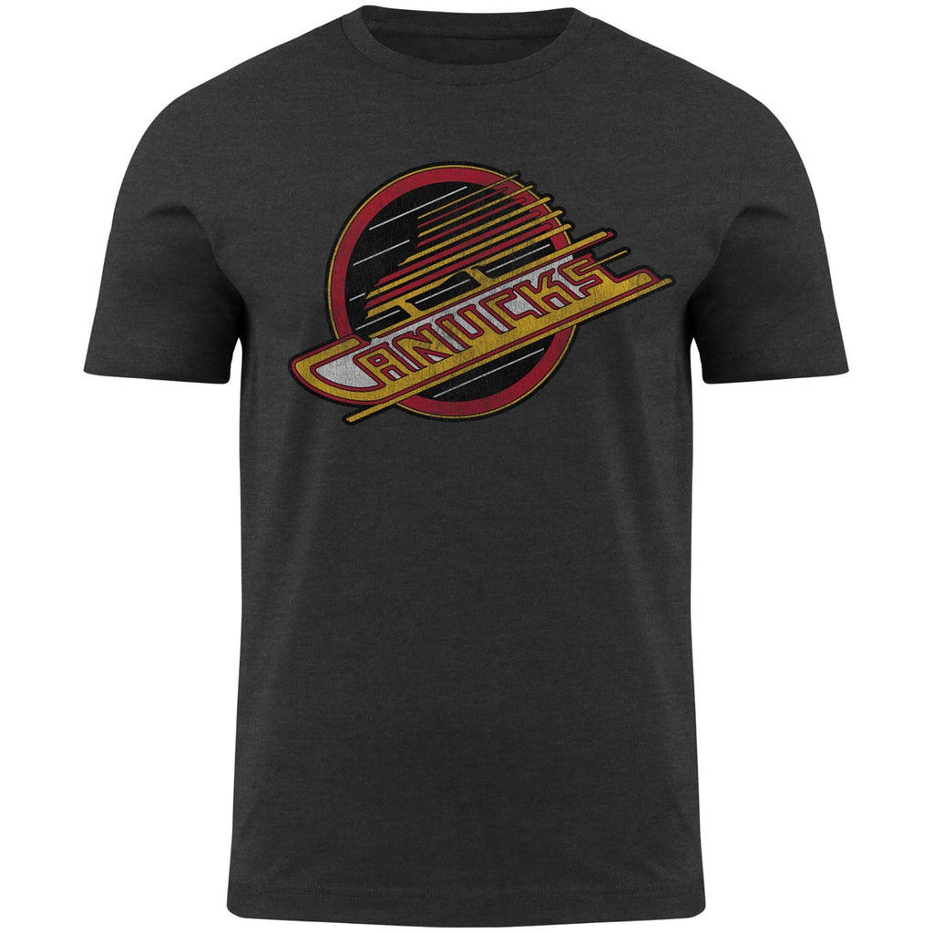 Vancouver Canucks NHL Bulletin Men Charcoal Distressed Vintage Logo Heathered T-Shirt product image 1, provided for visual