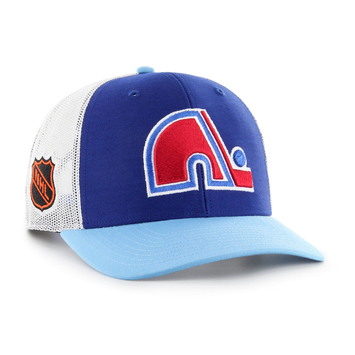 Quebec Nordiques NHL 47 Brand Men Royal Blue/Light Blue Side Note Trucker Snapback product image 1, provided for visual