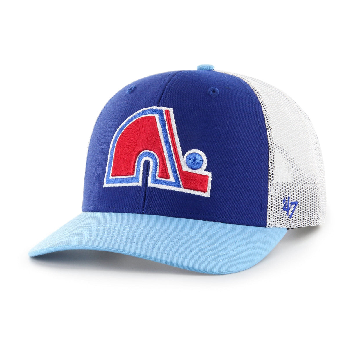 Quebec Nordiques NHL 47 Brand Men Royal Blue/Light Blue Side Note Trucker Snapback product image 2, provided for visual