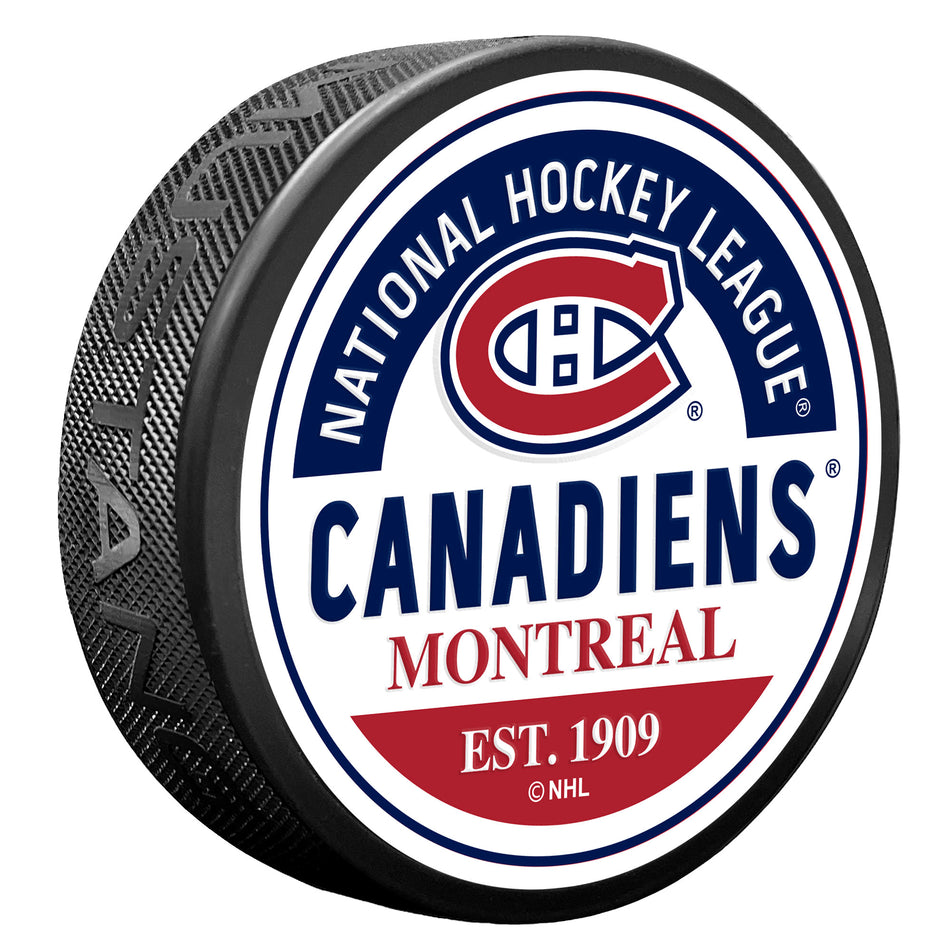 Montreal Canadiens NHL Block Textured Hockey Puck product image 1, provided for visual reference and product detail review