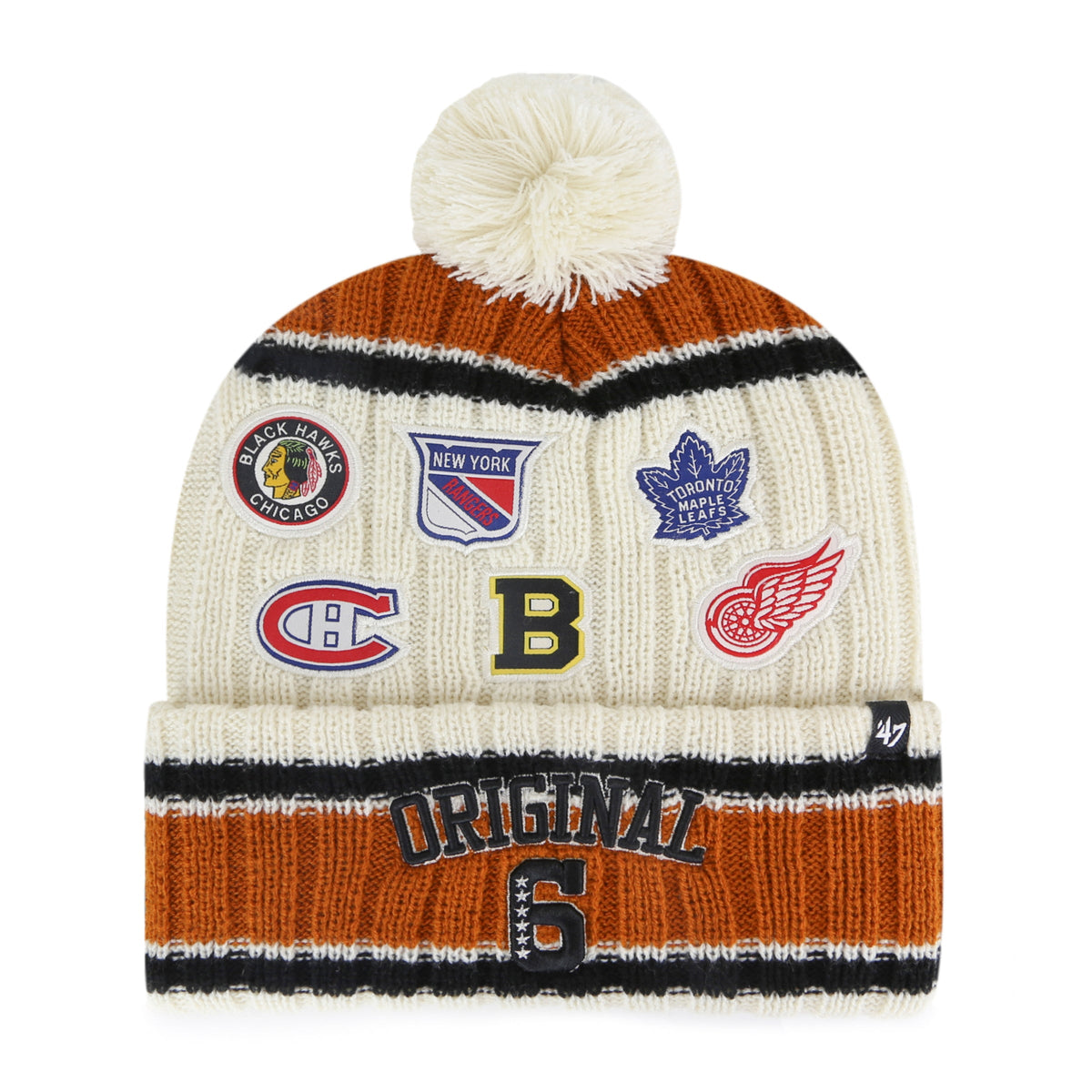 Original Six NHL 47 Brand Men Cream Cluster Cuff Pom Knit Hat product image 1, provided for visual reference and product