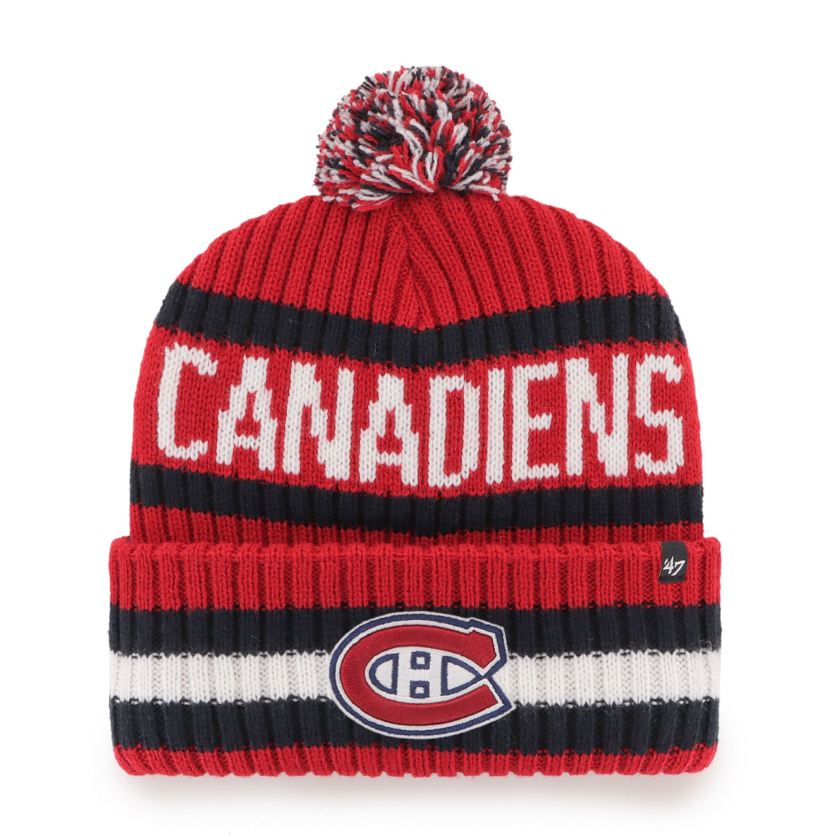 Montreal Canadiens NHL 47 Brand Men Red/Navy Bering Cuff Pom Knit product image 1, provided for visual reference and product