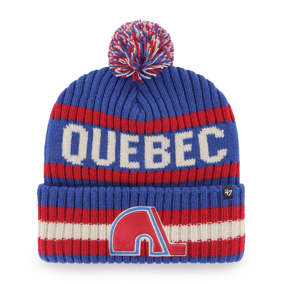 Quebec Nordiques NHL 47 Brand Men Royal Blue/Red Bering Cuff Pom Knit product image 1, provided for visual reference and